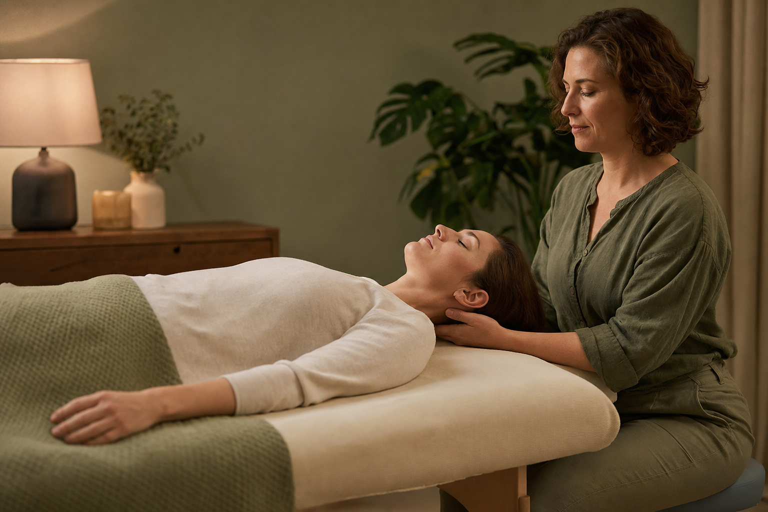 Client relaxing on a massage table during a craniosacral therapy session