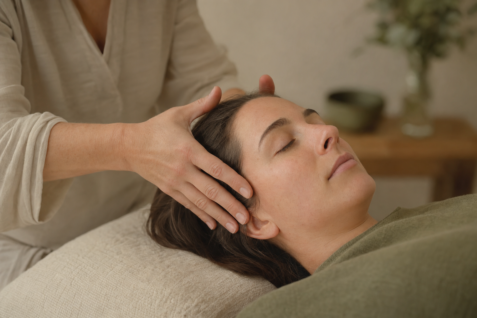 Therapist's hands gently resting on a client's head during craniosacral therapy