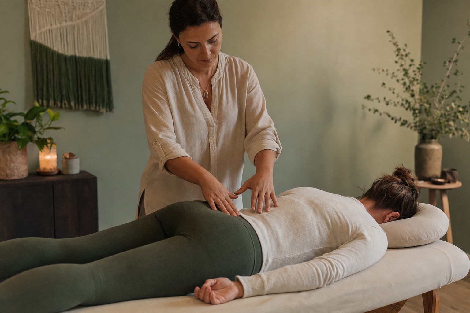 Therapist working on a client's lower back and sacrum