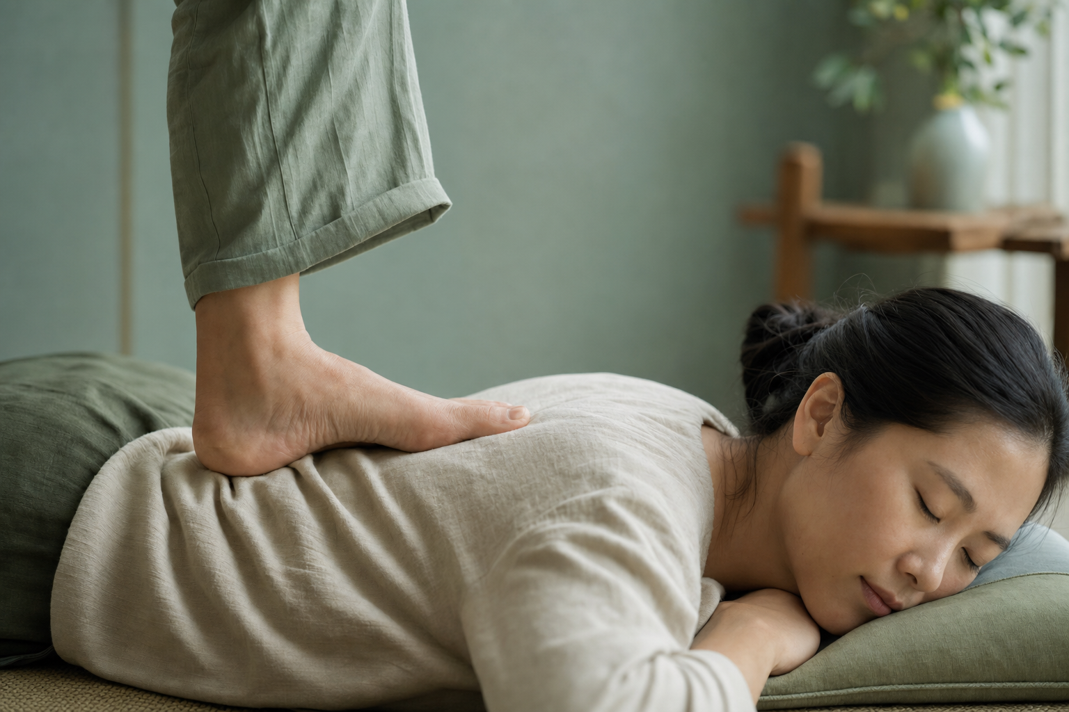 Close-up of RakkenHo foot pressure technique on the shoulder