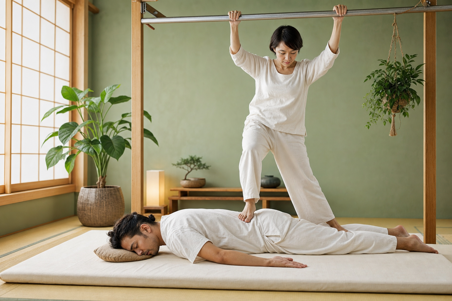 Two people practicing RakkenHo partner therapy